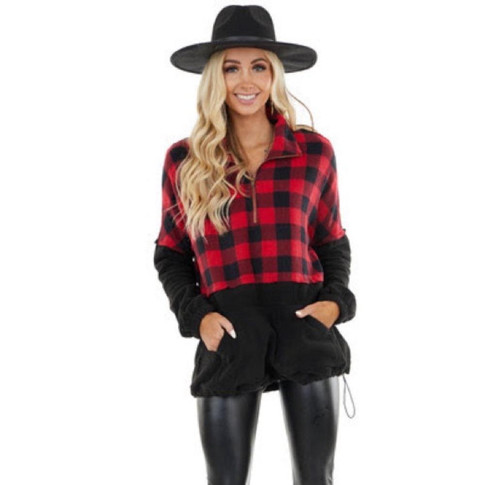 Crimson and Black Buffalo Plaid Fleece Pullover Sweater 
(Size: M)